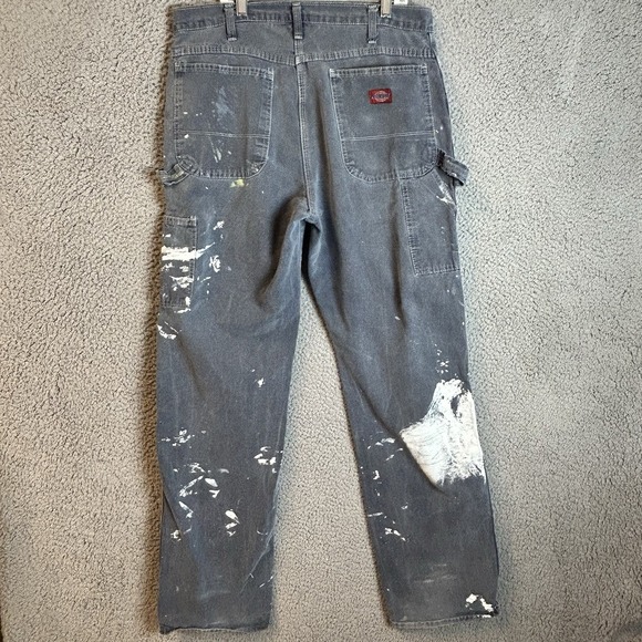 Vintage Dickies Thrashed Paint Splatter Pants 33x32 Gray Black Carpenter Jeans - Picture 2 of 6